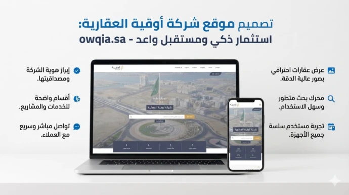 سابقة أعمال تصميم موقع إلكتروني احترافي لشركة "أوقية العقارية". يعرض التصميم واجهة الموقع على شاشات اللابتوب والجوال، ويبرز مميزات مثل عرض العقارات بدقة عالية، محرك بحث متطور، وتجربة مستخدم سلسة وداعمة للهوية التجارية.