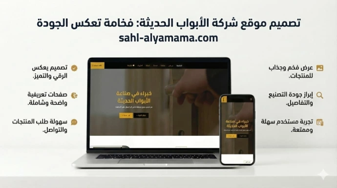 سابقة أعمال تصميم موقع إلكتروني لشركة "الأبواب الحديثة". يظهر التصميم الراقي للموقع على أجهزة متعددة، مع التركيز على إبراز فخامة المنتجات وجودة التصنيع، وسهولة تواصل العملاء لطلب المنتجات عبر واجهة مستخدم واضحة.