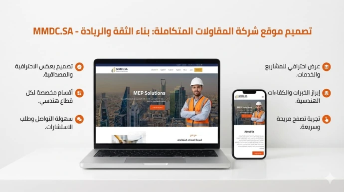 سابقة أعمال تصميم وتطوير موقع إلكتروني لشركة المقاولات المتكاملة (MMDC.SA). يعرض التصميم واجهة الموقع الاحترافية على شاشتي لابتوب وجوال، مع التركيز على إبراز الكفاءات الهندسية، وتوفير تجربة مستخدم سلسة مخصصة لقطاع المقاولات.