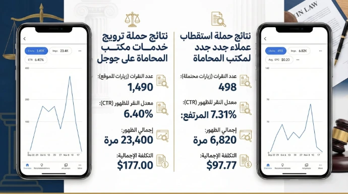 تقرير نتائج حملات تسويقية رقمية لاستقطاب عملاء جدد وترويج خدمات مكتب محاماة عبر إعلانات جوجل. يعرض إحصائيات دقيقة لعدد النقرات، إجمالي مرات الظهور، ومعدلات النقر (CTR) العالية بتكلفة إعلانية محسنة وموفرة للميزانية.