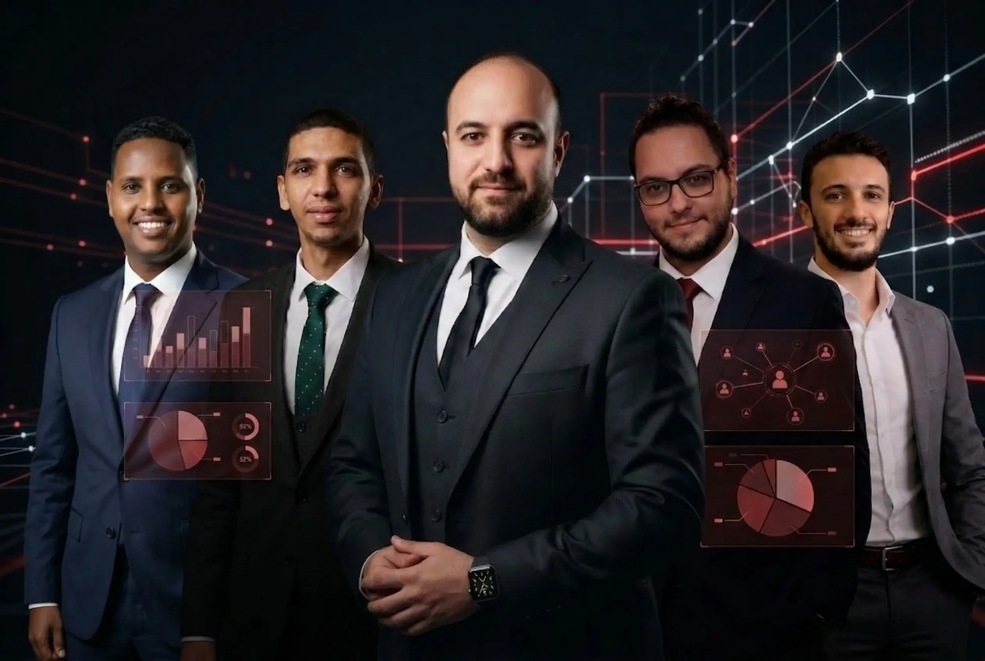 "طاهر مصطفى، مدير التسويق الرقمي، يتوسط فريق عمله من الخبراء، أمام خلفية تقنية تعرض رسوماً بيانية وإحصائيات تعكس استراتيجيات التسويق المبنية على البيانات."